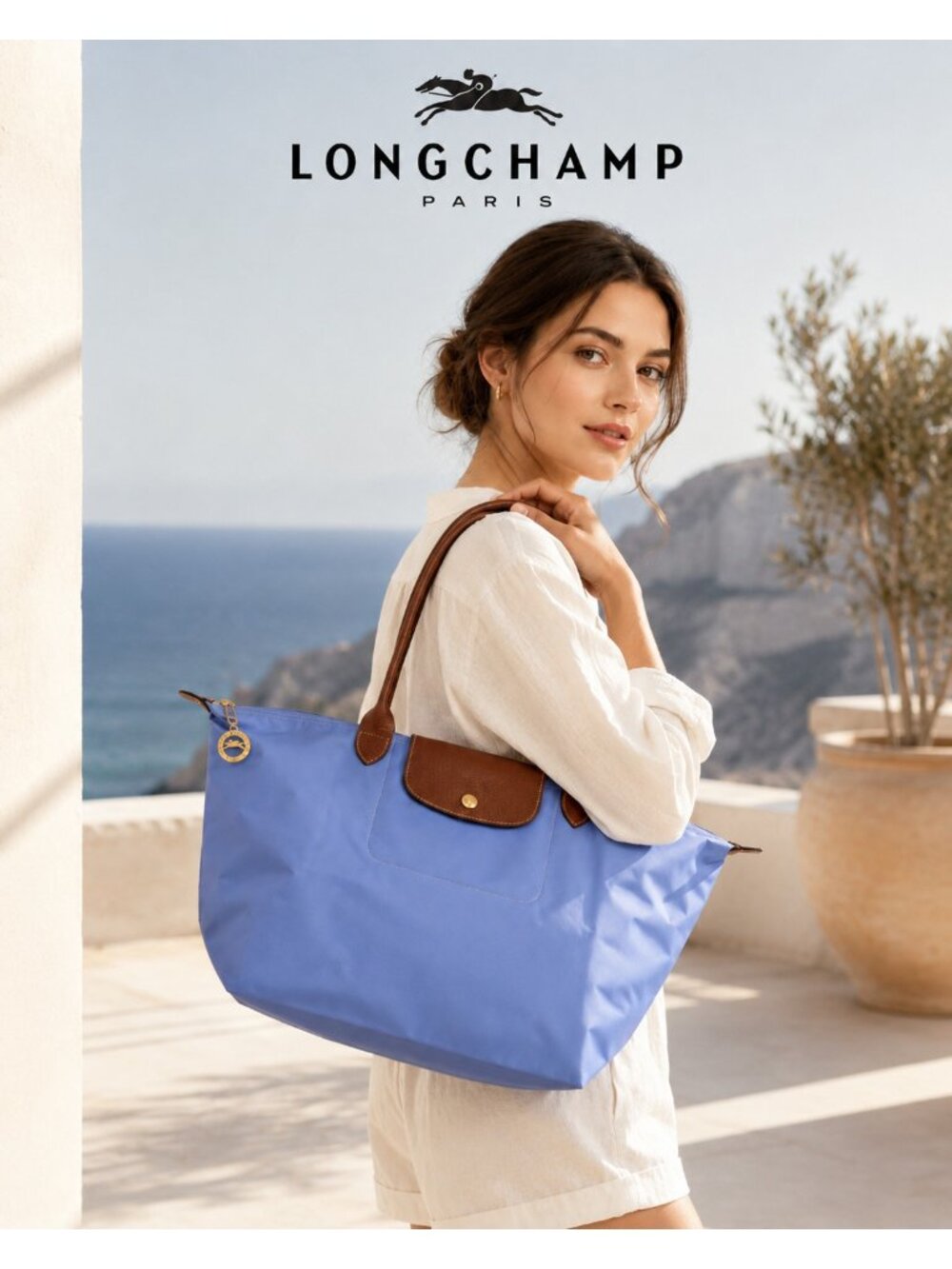 Longchamp Le Pliage Large Blue Nylon Brown Leather Shoulder Tote Bag